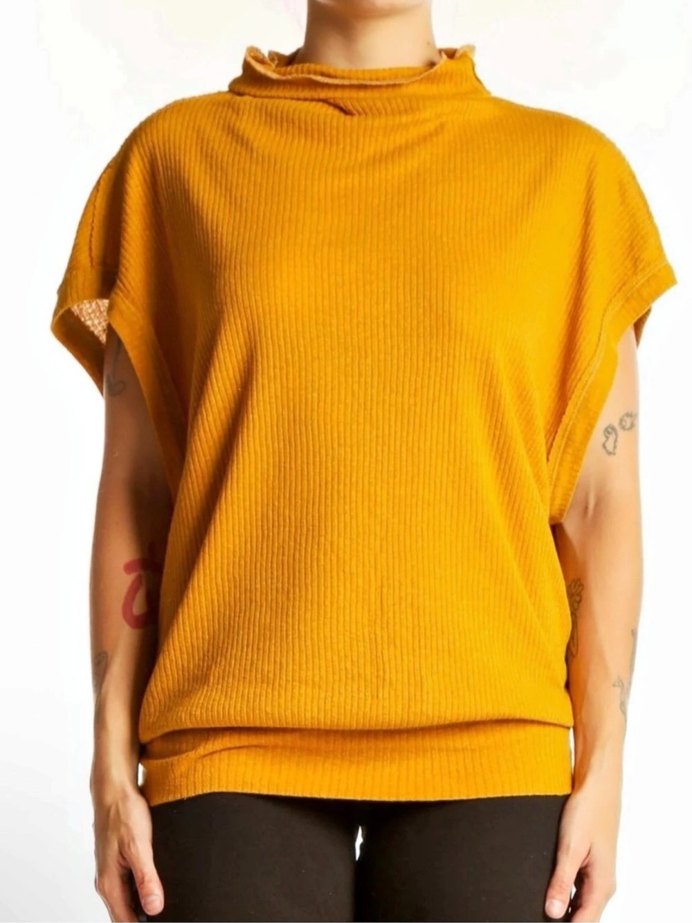 We The Free Mustard Yellow High-Neck Ribbed Short Sleeve Top - Size M